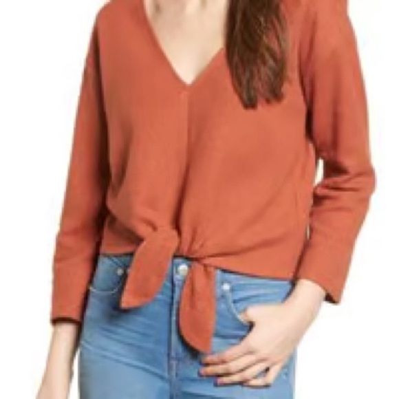 Texture & Thread Madewell Women Sz L Sweatshirt Burnt Orange Front Tie V Neck - Picture 3 of 12